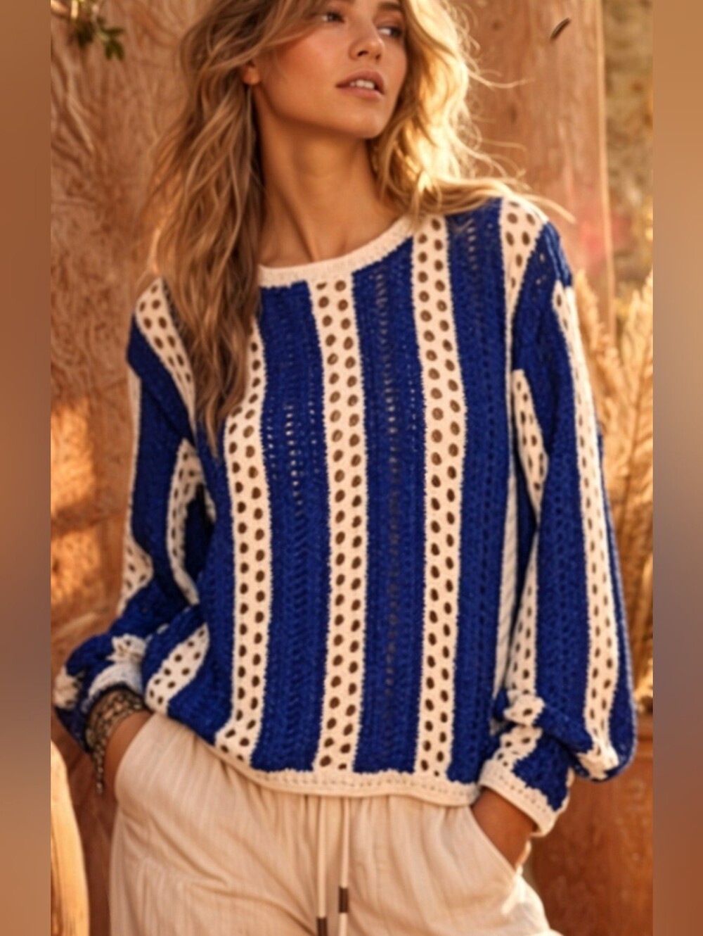 NWT Zara Blue and Cream Striped Crochet Sweater